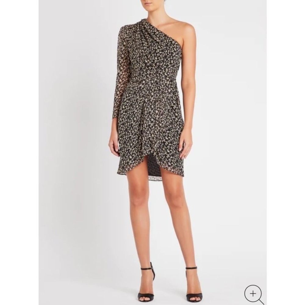 IRO Paris Silk Animal Print Dress Size 4 / 36‎ Black Beige Chiffon One Shoulder